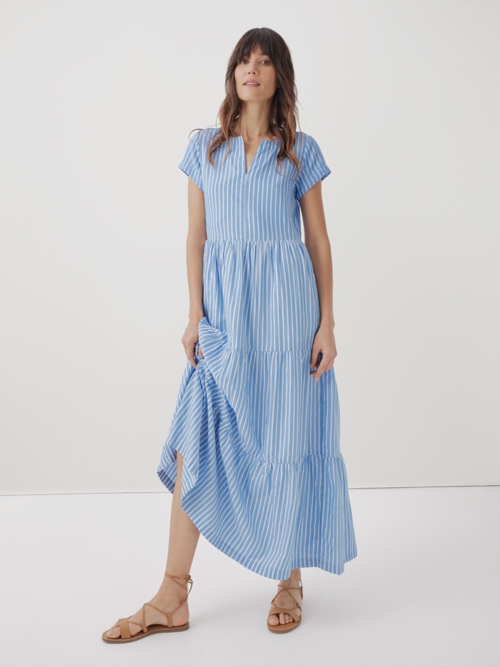 PACT Sunset Blue White Striped Light Cotton Gauze Notch Neck Dress XS